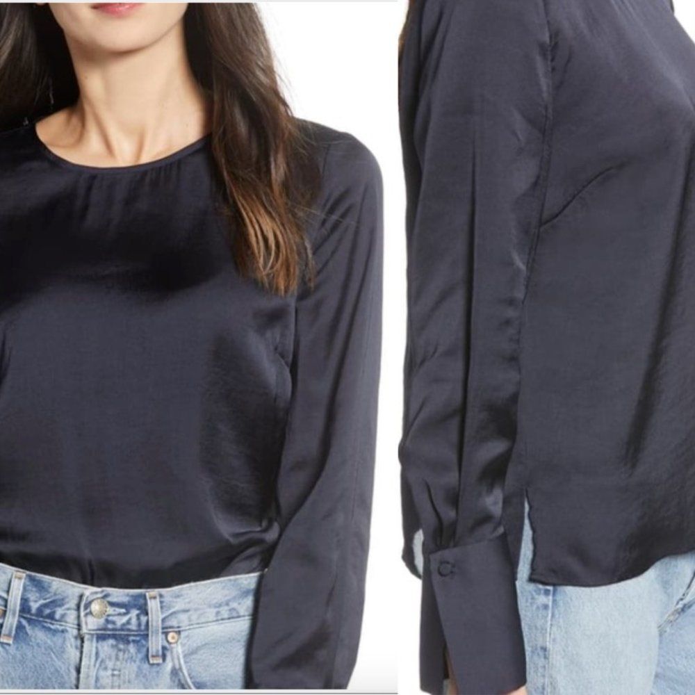 NWT Chelsea28 French Cuff Satin Top in Navy Night Long Sleeve